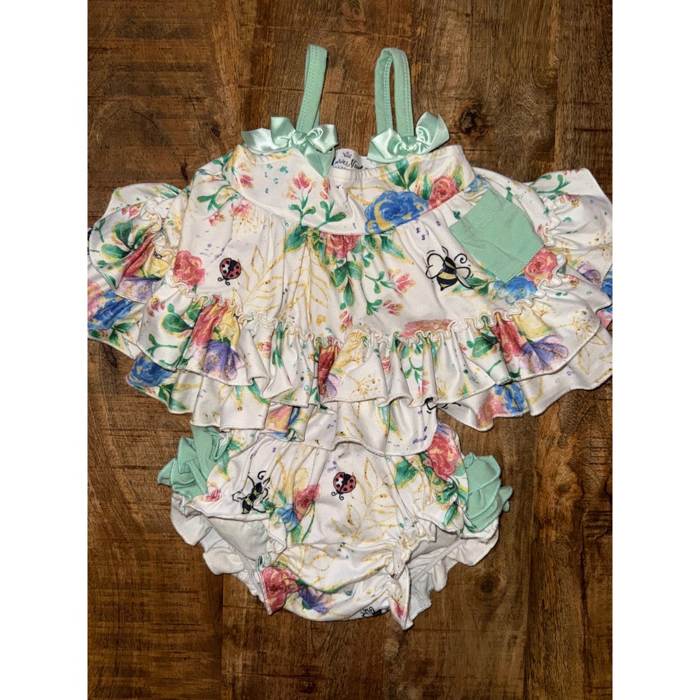 Marie Nicole Clothing Floral Bee Ladybug Ruffle Top and Bloomer Set 0-3M